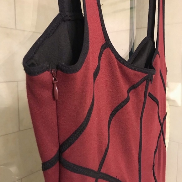 Bebe Burgundy Dress with Black Corset Design Piping  Body-con. Size Medium - Picture 6 of 9